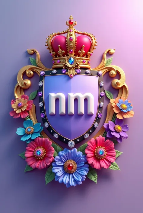 digital illustration of a coat of arms or coat of arms with the 3D word NM trending channel in the middle.The coat of arms consists of colorful flowers, diamonds, real gold, leaves gold, and a crown with red jewels young.The background is purple soft.3d Im...