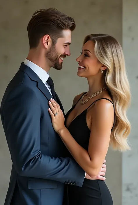 (Photorealism:), man with brown hair and eyes without beard wearing a blue suit and tie, hugging a long-haired blonde woman in a black dress olhos verdes and with a beautiful necklace. Frontal  sorrindo at a Photorealistic . 8k super detailed as real as po...