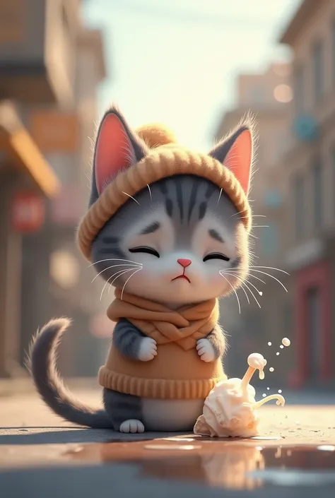 A cute gray striped kitten is sad to see an ice cream falling on the street. The cat is anthropomorphic. The cat is wearing cute clothes. I shed tears too