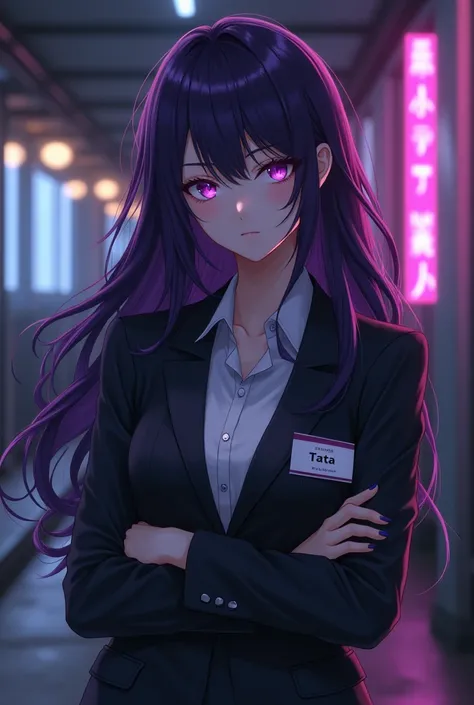 Create anime character;
{background: night}, white skin,
realistic, HDR, beautiful, japan style, full body, age 20, office clothes, name card: “Tata”, female, dark purple hair, long hair, like mafia, purple eye, glow light, bad smile