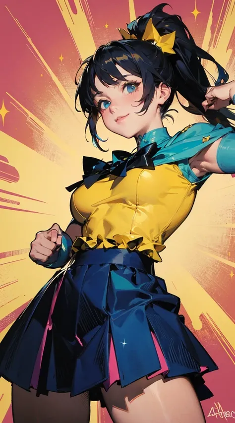 Battle manga style, cute woman in magical girl costume, focus on fist, fighting posture, big explosive punch, cute, cool, kawaii, from below, confident smile, blue and yellow, costume emphasizing cuteness and sparkle, ponytail, colorful ponytail. Very long...