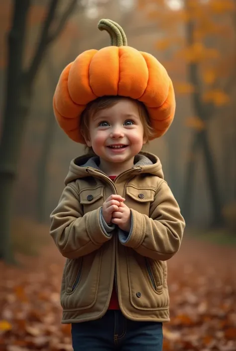 Realistic full-body portrait of a child standing wearing a soft pumpkin headgear　Live Action　Realistic  child　Halloween