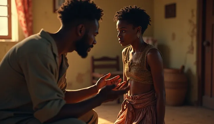 A young African husband, kneeling down begging his wife 