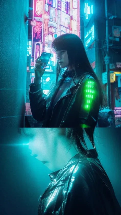 Technology Explorer girl, chasing unknown digital wonders, cyberpunk style, neon lighting colors, no words