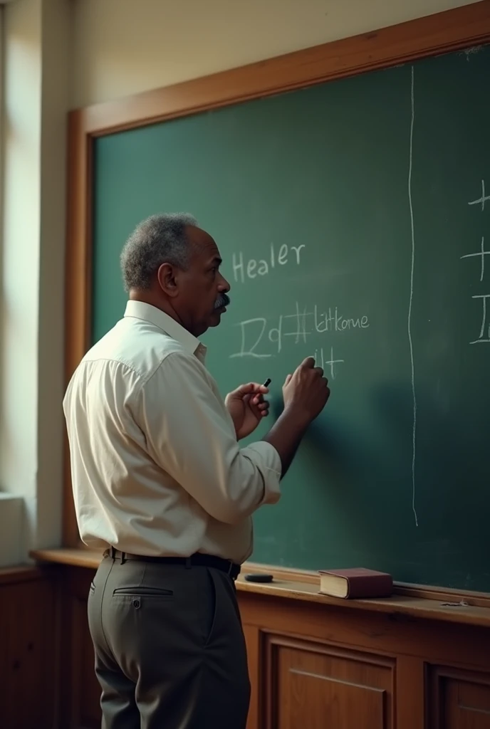 Dark-skinned teacher with a mustache writing on a blackboard
