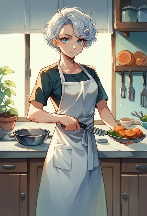 Watercolor illustration of Skylina, a 1 girl with long, slightly curly silver-white hair, and turquoise blue eyes, working diligently in a kitchen. Shes wearing a chefs apron over her casual clothes, chopping vegetables with focus.