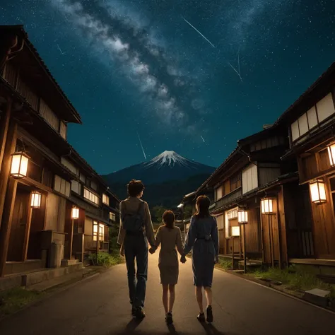 This image shows twin girls and their cat looking up at a bright summer night sky in rural Japan. Large, multi-colored meteors streak across the sky, reminiscent of the film “Your Name” and Makoto Shinkai’s anime style. The scene is filled with natural lig...