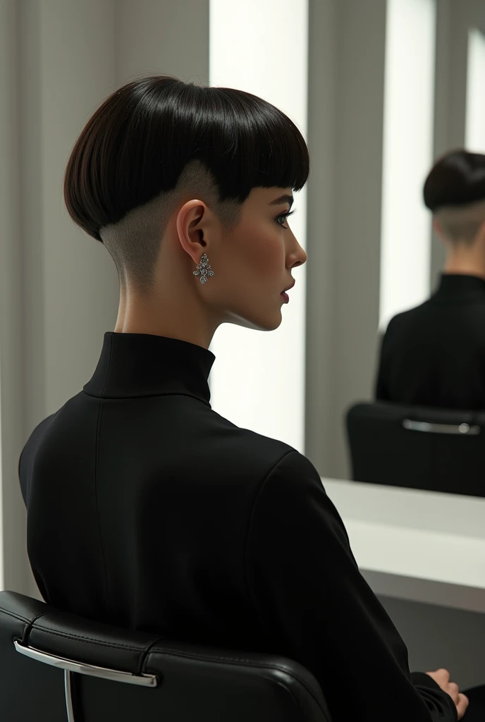 Beautiful woman bowl cut, shaved temples, nuque rasée, back view sitting in a barber chair, facing a mirror , well lit 