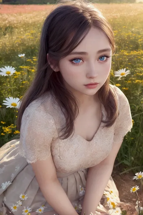 a young  mini skirt, detailed face, beautiful eyes, detailed lips, long eyelashes, elegant, cute, innocent, peaceful expression, in a field of flowers, golden hour lighting, vibrant colors, photorealistic, 8k, detailed, cinematic, masterpiece