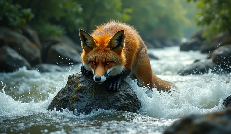 fox clinging to a rock in the river, looking exhausted.
