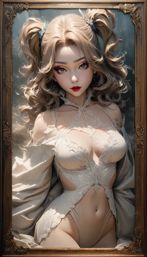 conceptual installation art, 2.5D, fusion of acrylic and collage paintings, high and fine artwork, beautiful joker woman, cream color wavy two side up hair, makeup, (amorous and lewd) and (attractive and seductive) expression, super proportions, wearing ho...