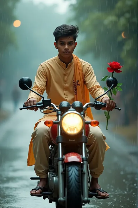 A 20 years old boy sitting on the bike in the rain on road and holding a rose.
Boy wearing a kurta pajama Bilal written on it 