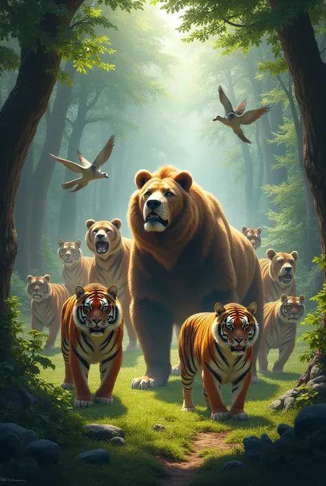 A lot of tigers bears a lioness a lot of animals at the Forest