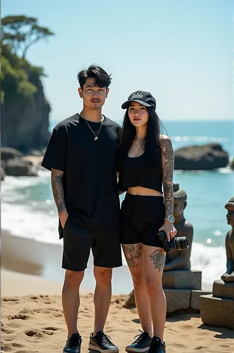 a tattooed couple aged 30, Korean face. Neat black hair. stand. Wearing a black shirt, black baseball cap. Shorts, black shoes,  camera in his hand, Steal attention with the backdrop of the panoramic Balinese beach and Balinese statues.. The wide angle per...