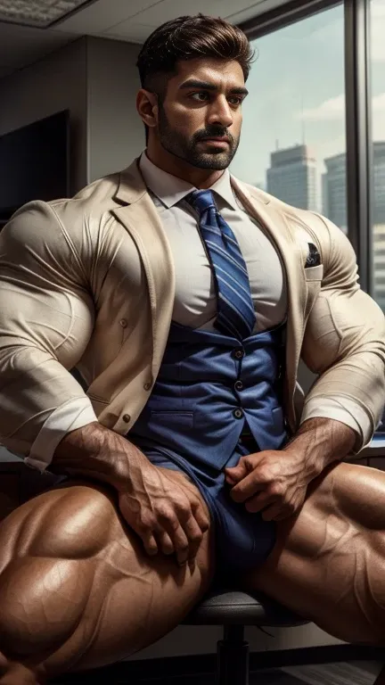 30 years old indian alastair kingsley indian business suit man muscular man standing in office huge bulge, one character, one pl...