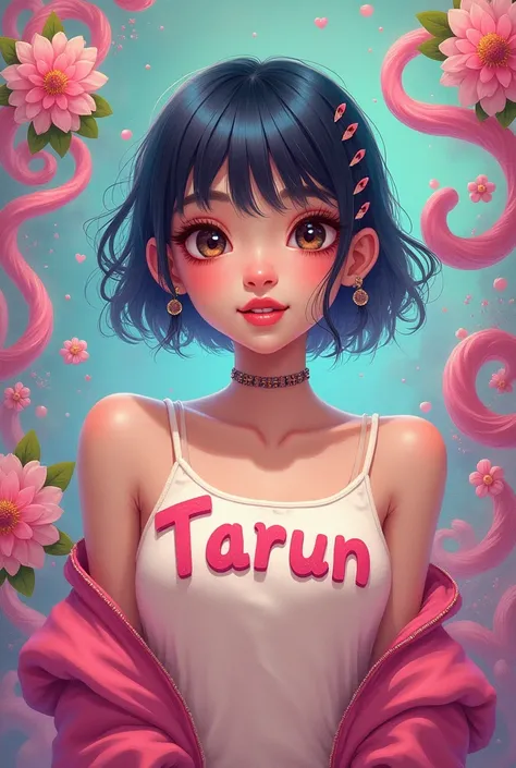 Create a girlish gay image with the name Tarun imprinted on her chest
