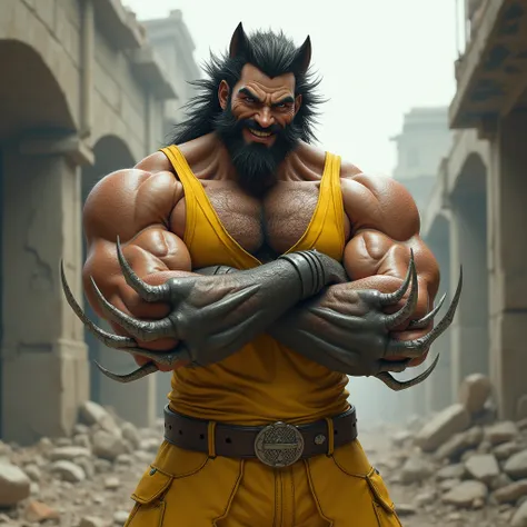 One man　muscle　Hairy breasts　Yellow Tank Top　Yellow shorts　Wolf Hair　 Arms folded with metal claws,　Strong pose　smile　A ruined world　