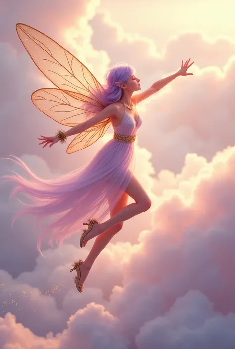 A fantasy of soft colours , a beautiful elegant  1 fairy flying in between the clouds moving forward, on a side angle , leaving her fairy dust, having warm light purple hair , wearing a beautiful pinkish white dress with a beautiful golden silver pair of t...