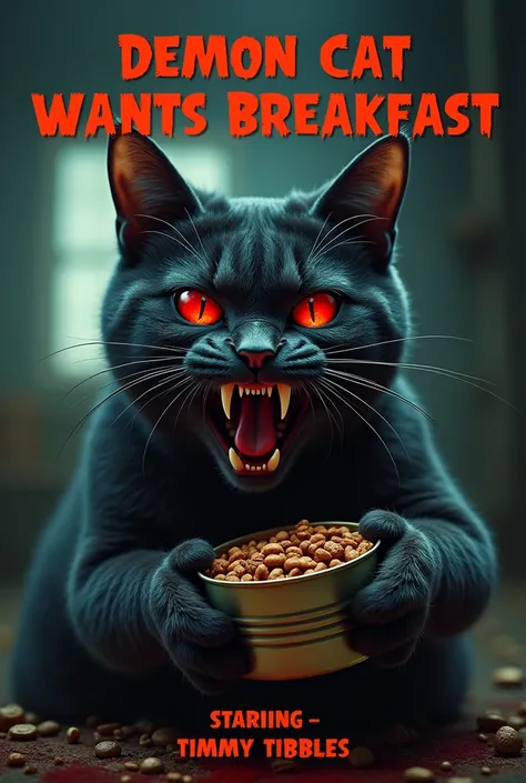 "Demon cat wants breakfast" horror movie poster. The poster shows demon cat with a large tin of unopened catfood. the poster shows "Demon cat wants breakfast" as the logo at the top and states starring - Timmy Tibbles at the bottom. Poster is hyperrealisti...