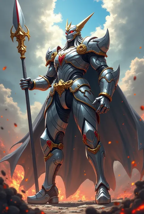 A warrior,with silver armor with gears,with red details on the tips,raising the right arm towards you ,holding a silver spear with a gold blade on the tip, battle scenery,Anime Art