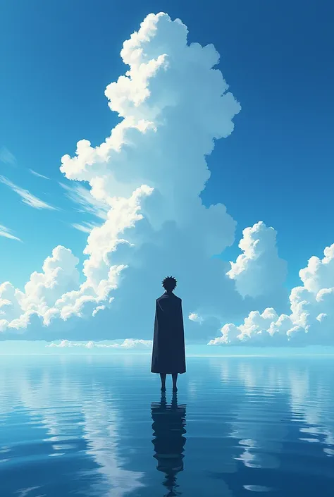 Anime broken hero with a mesmerizing background of water with cool and silent sky he is sad but not showing it he is looking at the sky and water is following the lead