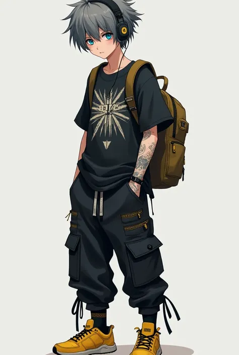 a girl with short fluffy dark gray hair. She looks like a guy. He wears a stretched black T-shirt with the metal band oversize. Black cargo pants with lots of pockets and ribbons, like parkourists or dancers. yellow sneakers and a backpack on one shoulder....