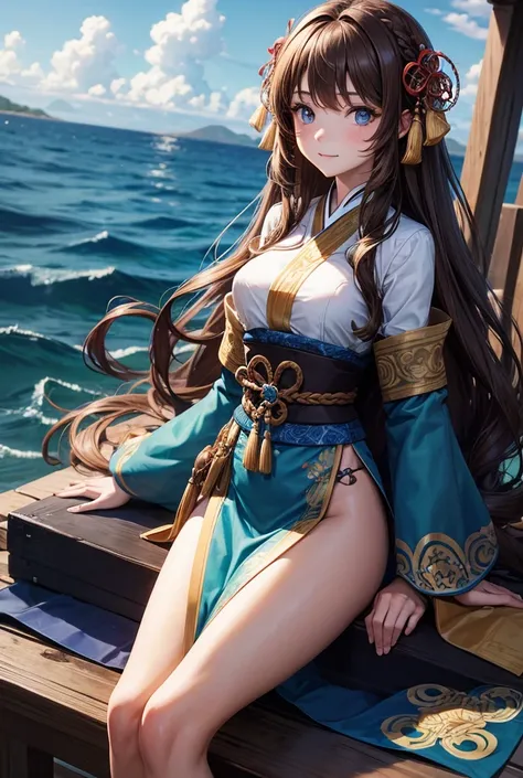 Girl with long light brown hair with waves and blue eyes, medium breasts and small waist Haori tunic
