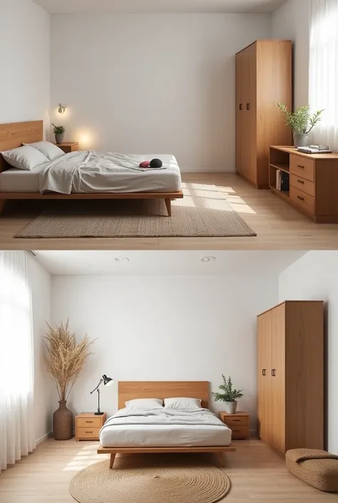 Create before and after image , The state of the room before , It&#39;s white with a messy box bed and loose wardrobe , loose furniture without decoration , after the transformation box bed tidy , wooden headboard panel , warm light , planned and minimalis...