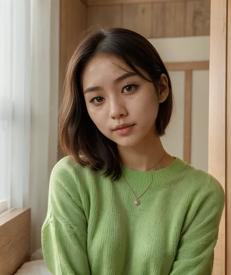 arafed asian woman with short hair and a green sweater, young adorable korean face, portrait of female korean idol, beautiful young korean woman, cute korean actress, with short hair, female actress from korea, gorgeous young korean woman, young cute wan a...