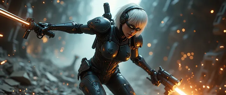 Female Killer Machine、Parts of the metallic body glow、Cyber Goggles、One arm is a gun、One arm is a sword、Cyber face、Backlight、reflection、Gloss、Pose in fighting mode、Metallic face、Short bob with white hair、tall、Acrobatic perspective from above、Dark backgroun...