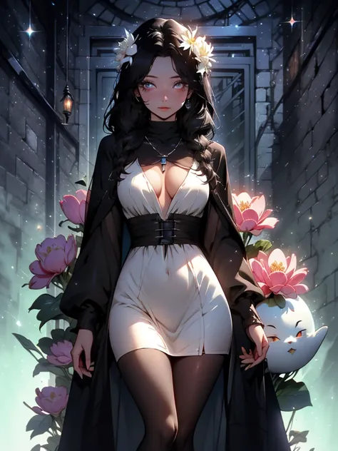 solo, flower, long hair, hair ornament, medium breasts, sparkle, cleavage, standing, jewelry, hair flower, black hair, cape, lips, looking at viewer, braid, dress, plant, 1girl, seductive, delicate, gardevoir, android, white skin, glowing eyes, specterdef,...