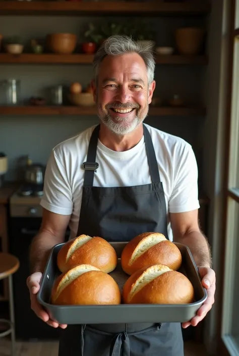 White Brazilian man holding in his hand a pan containing 4 homemade breads