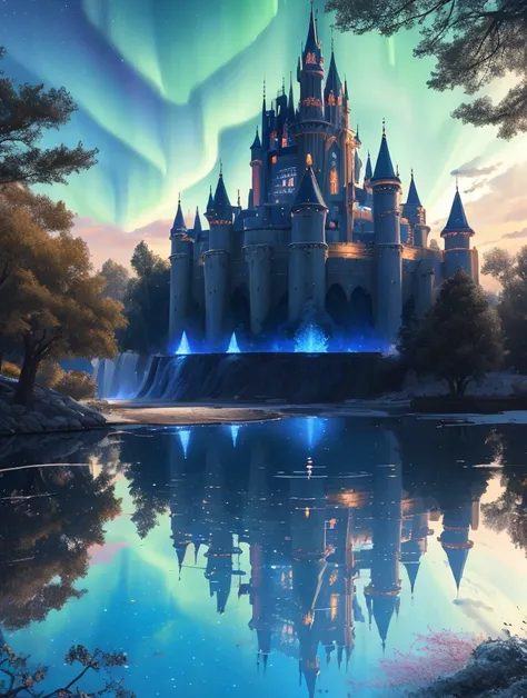 Mr..々Jeweled swords of various colors, Big tree reflected in the water, A path of light leading to the sky, A fantastic sight, high quality, Shining World, Castle and cityscape, Sky Waterfall, Aurora and blue light.