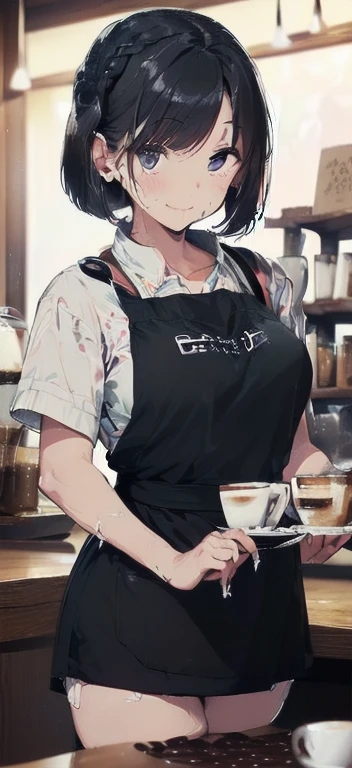 (must be follow these prompts:2.2),masterpiece,best quality,extremely detailed,(in her clothing:2.5),(A Japanese female waitress wearing a black apron and uniform for a coffee shop with semen on it:2.1),(Black hair bob hairstyle:2.3),(The female cafe atten...