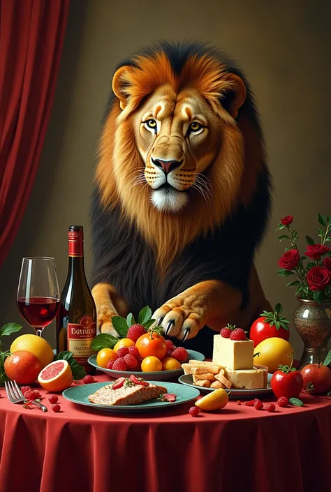 A table with fruits, wine bottle, queso, a piece of meat and a lion on the table eating 