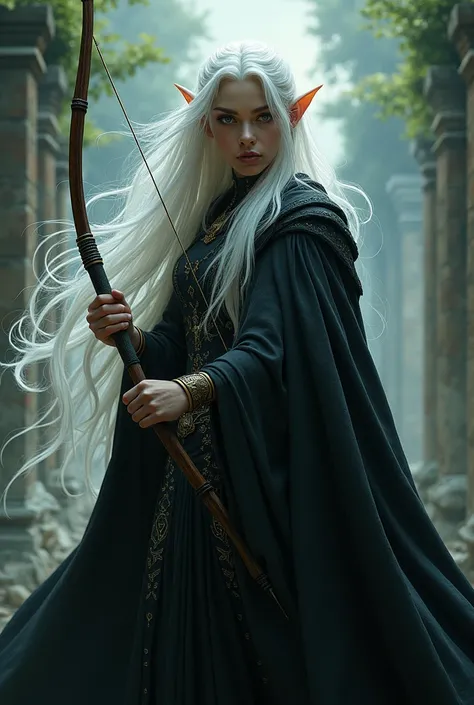 White haired elf, Divine Eyes, with a black cape and a bow and arrow