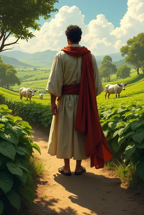 Joaquim&#39;s prosperity: A contrasting image, showing Joaquim&#39;s lands in full abundance, with green plantations and healthy animals. Joaquim is standing, prideful, with better clothes, as you watch your lands bloom under sunny skies. however, a shadow...