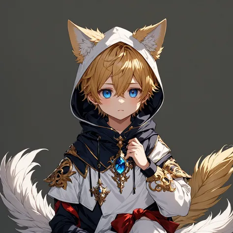 masterpiece, best quality, good quality, Highly detailed, shadowverse style, male, teen, blonde hair, short hair, cute, blue eyes, cute, dog ear, hooded, blue and white main color, modern aesthethic
