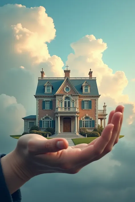 genrate an image of big house 
 on holding in hands front of house there is a grace with cluods  