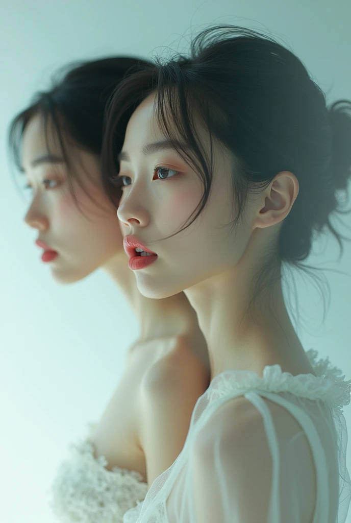 editorial photography,super detailed background,Super realistic,double exposure,depth of field,beauty super slender skinny vides,soft_focus white tone,narrative scene,open_plump_glossy_lips,japanese,twins,selfy portrait,