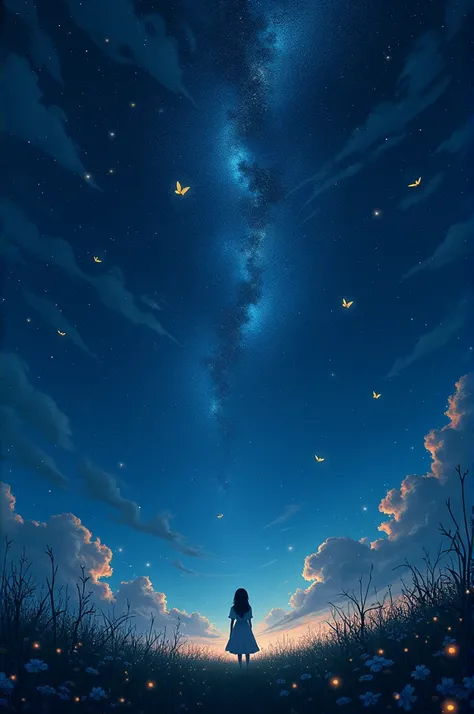 A dark starry sky with beautiful constellations and fireflies