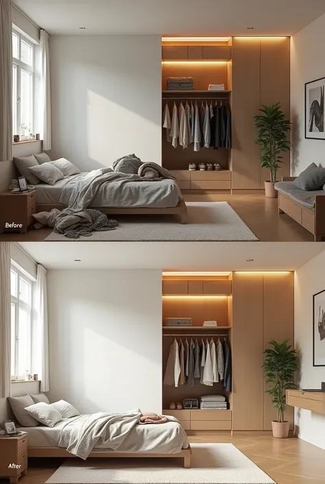 Create Photorealistic Image , before and after a room . Previously, a colorless room with a messy box bed and loose wardrobe , and then tidy room with fitted wardrobe, off-white wall, warm lighting , high realistic render   