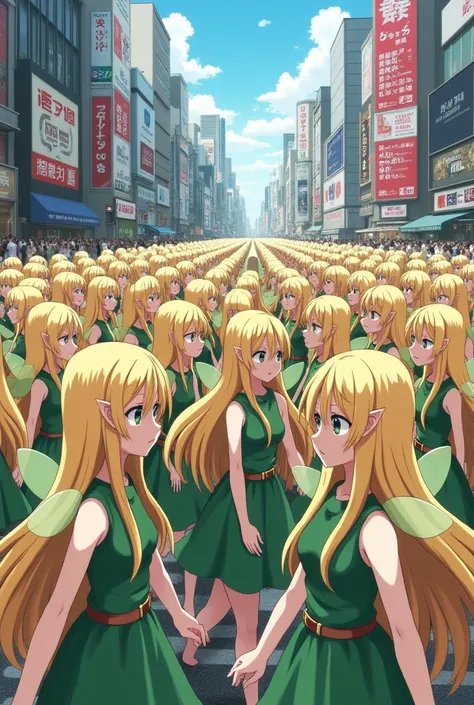 ((((((leafa, sword art online, blonde hair, hair between eyesbraid, ponytail, long hair, green eyes, pointy ears, green dress, fairy wings))))))(((An infinite number of girls with the same face and the same figure))) (((cloned face)))
(((similar identical ...