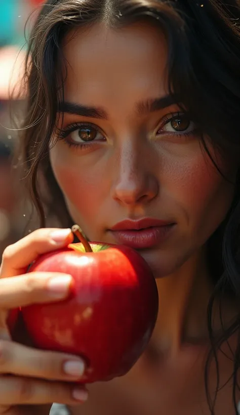 a woman in a busy market, holding in hand a fresh red apple, detailed facial features, close-up portrait, realistic lighting, vibrant colors, cinematic composition, photorealistic, 8k, masterpiece