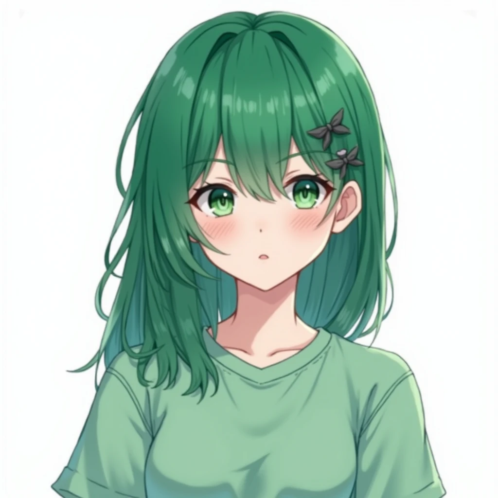 Hair colour emerald、Background white、Hair length medium、T-Shirts