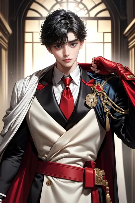 masterpiece, 最high quality, high quality, 1 boy, alone, Male focus, Upper Body,Watching the audience, Messy black hair, Adorable big blue eyes, White, Noble, Noble,A black and red cape that is bursting with sexy volume、Tuxedo、A very voluminous, large, very...