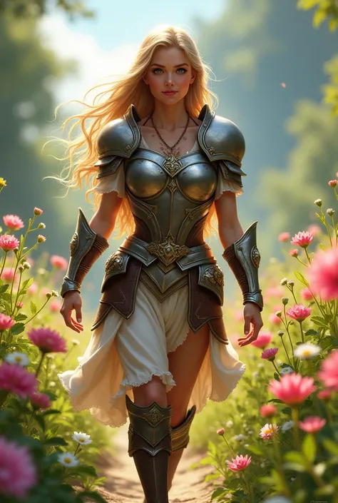 Masterpiece, Best Quality, Detail, A beautiful warrior breastplate long blonde hair blue eyes small breasts she walks happily through a flower meadow to start her adventure journey