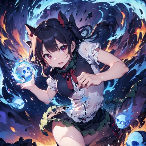 kaenbyou rin from touhou posing seductively, she is surrounded by blue flames and floating skulls,