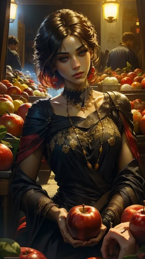 a woman in a busy market, holding in hand a fresh red apple, detailed facial features, close-up portrait, realistic lighting, vibrant colors, cinematic composition, photorealistic, 8k, masterpiece