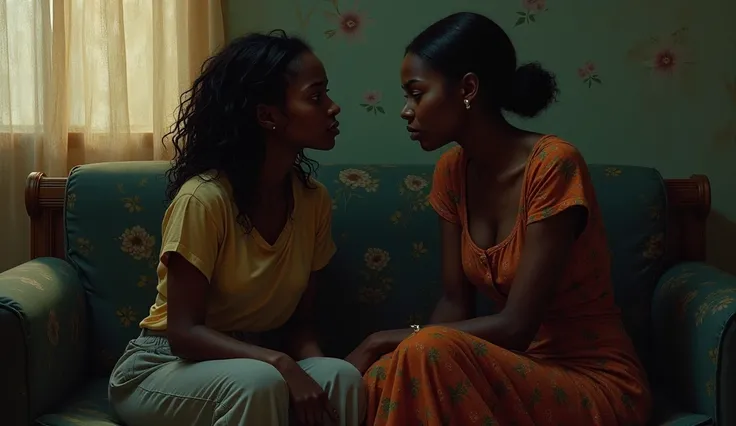 Two young Nigerian prostitutes discussing in a parlor 